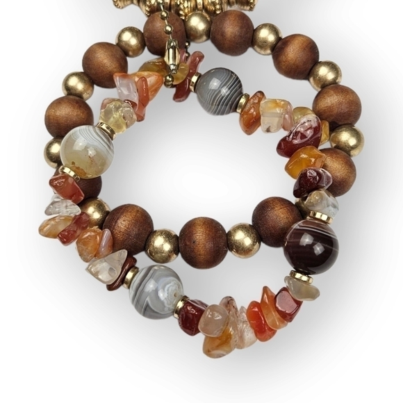 Beaded Bracelet Set Of 3 Natural Stone Wood Antiqued Gold Tone Bohemian ~7" Long - Picture 4 of 6